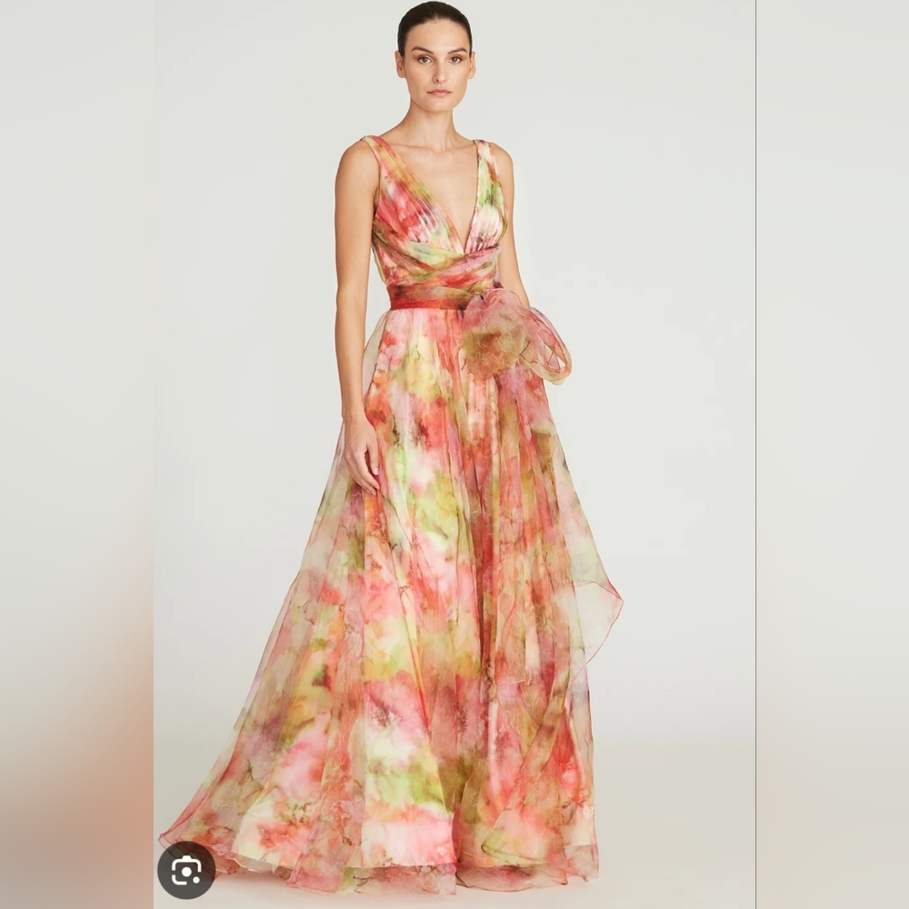 NWT Theia Faye Painterly Bow Organza Lightweight Chiffon Flowy A-line Gown 4‎ - Picture 3 of 15